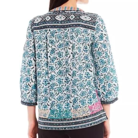 John Mark Embroidered Floral Tunic Top Women's L Blue Casual Cottagecore Peasant - Picture 7 of 12